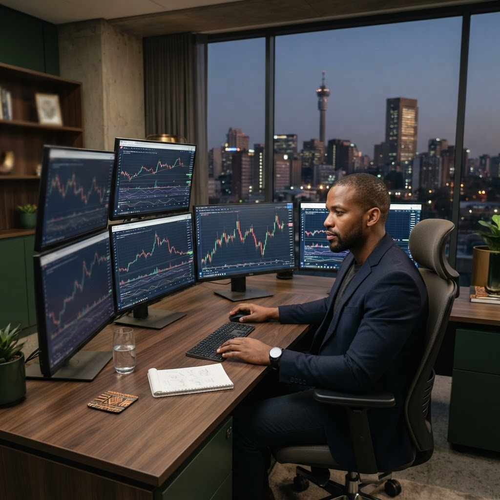 Professional trading workspace illustrating forex prop firms in South Africa