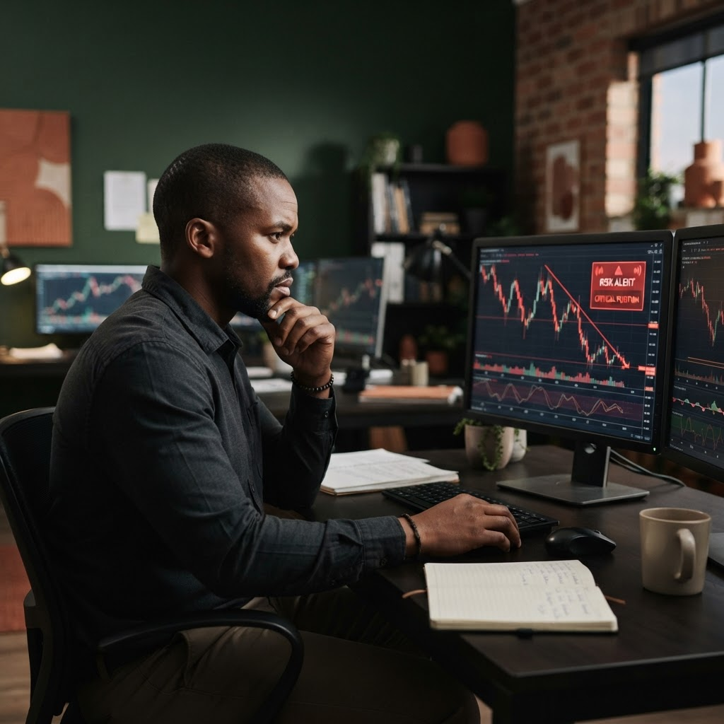 Professional trading workspace illustrating binary options and prop trading risks