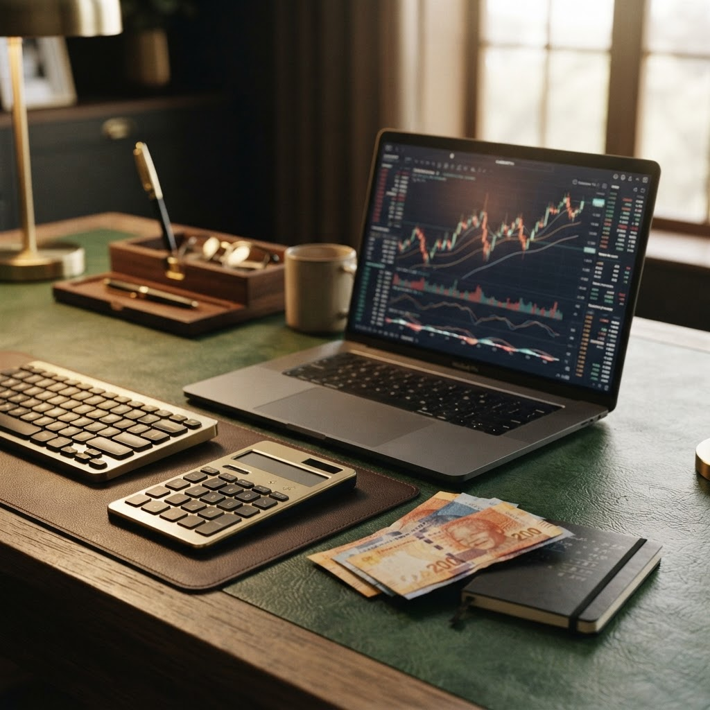 Professional trading workspace illustrating affordable proprietary trading evaluations