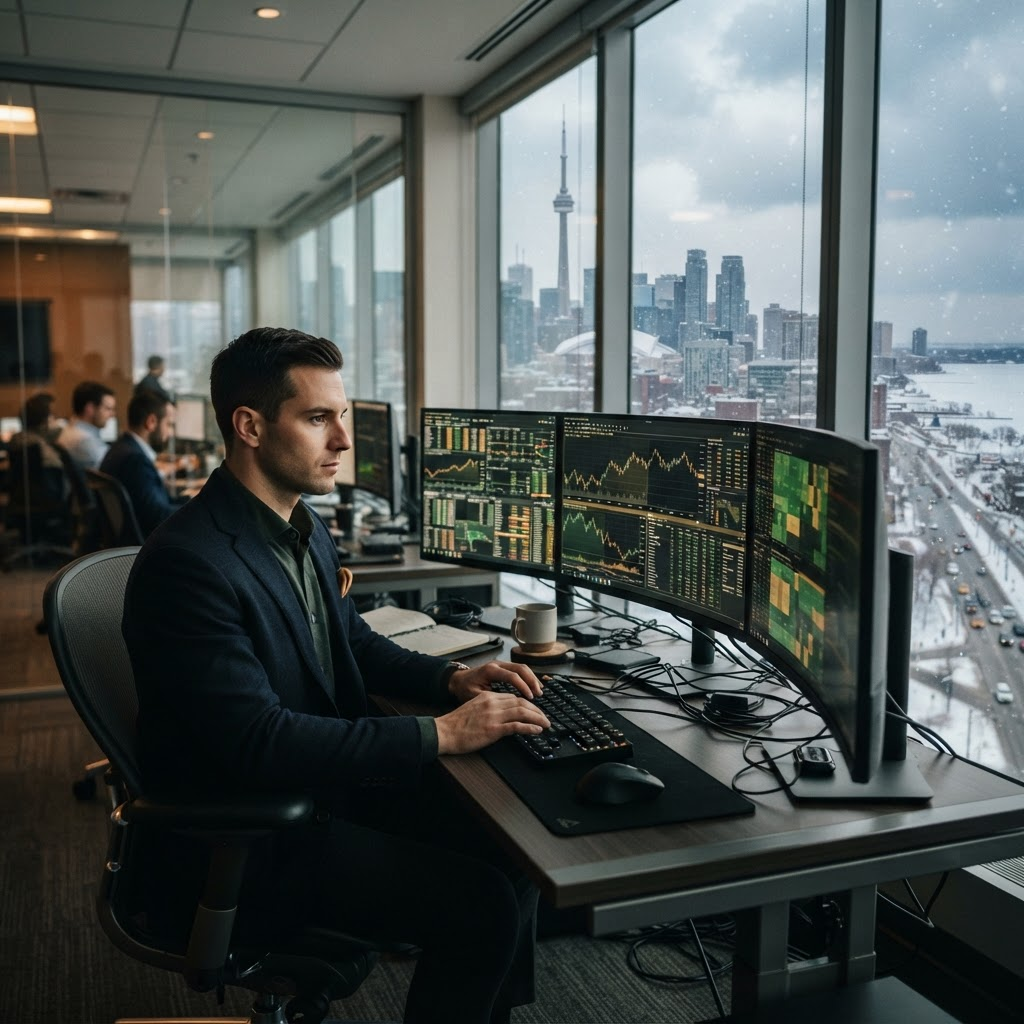 Professional trading workspace illustrating proprietary trading firms in Canada
