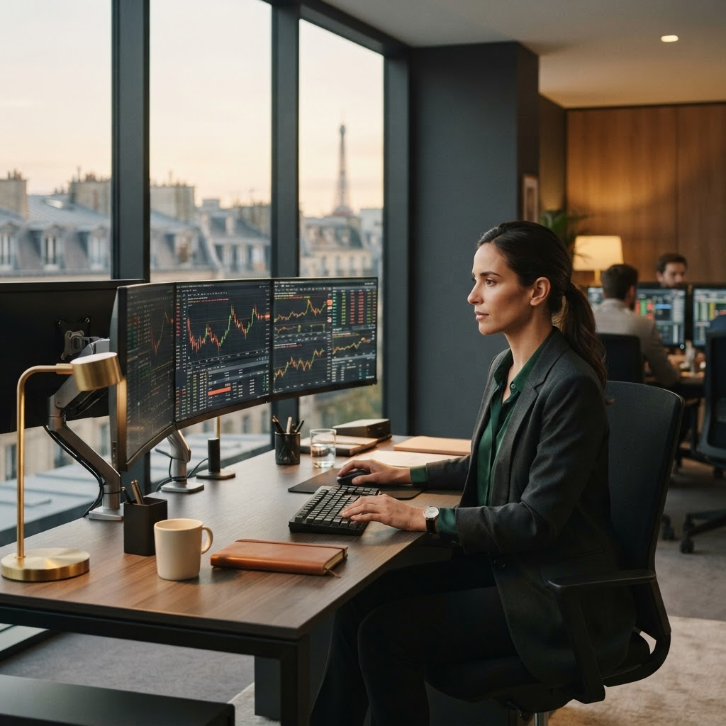Professional trading workspace illustrating proprietary trading firms in France