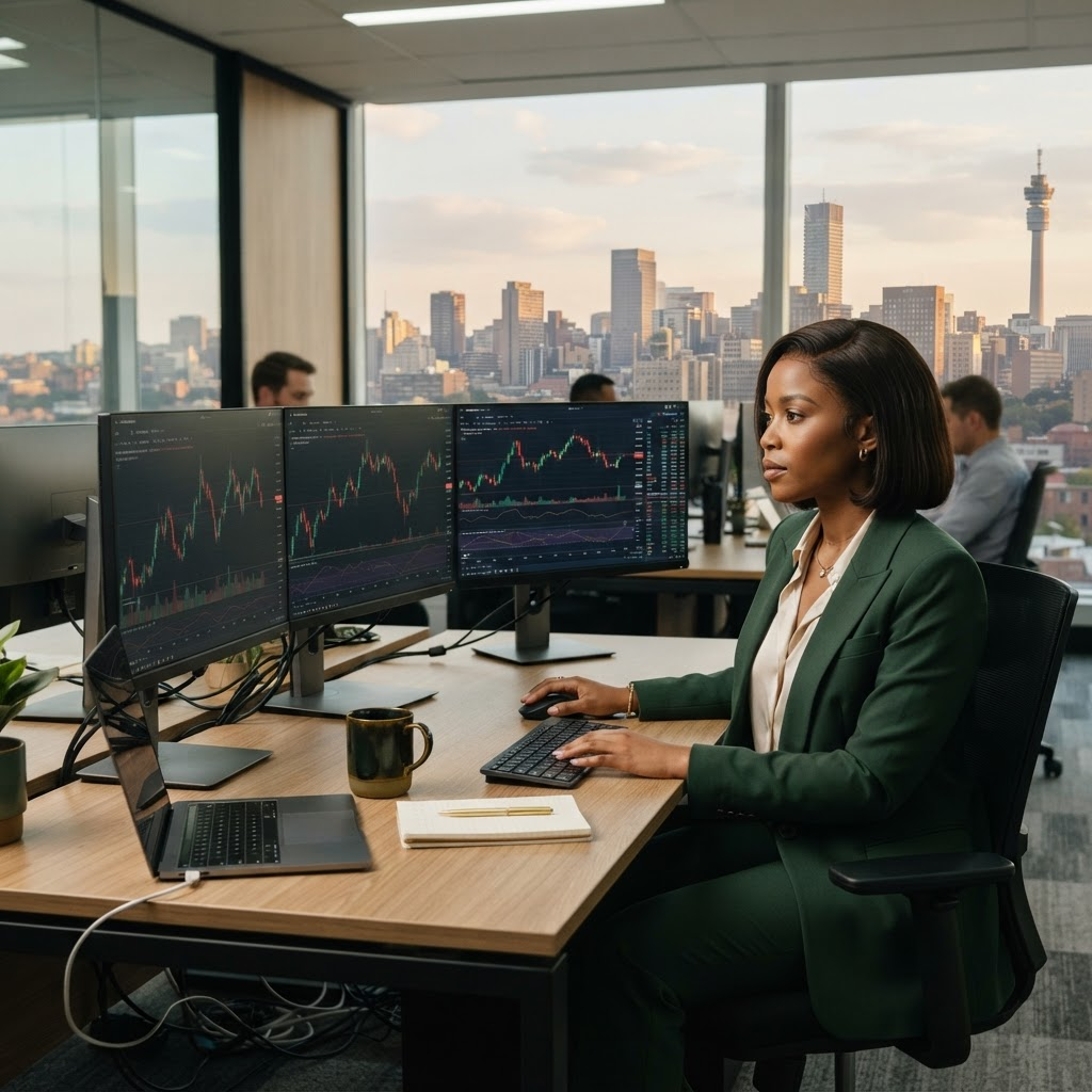 Professional trading workspace illustrating proprietary trading firms in South Africa